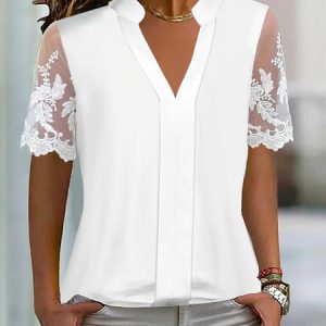V Neck Plain Casual Loose Blouse, JustFashionNow Blouses, color:White|size:XXL,