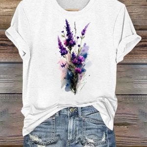 Purple flower Alzheimer's Awareness Crew Neck Casual Text Letters Loose T-Shirt, T-shirts, Lilicloth.com