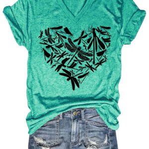 Women Dragonfly Printing Cotton-Blend V Neck T-Shirt, T-shirts, Lilicloth.com