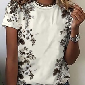 Casual Vintage Floral Print Crew Neck Short Sleeve T-Shirt, T-shirts, Lilicloth.com