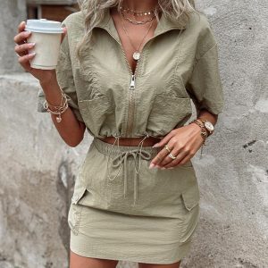 Drawstring Zipper Decor Top & Skirt Set, women Two-piece Sets, ChicMe catalog