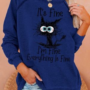 Womens Funny I Am Fine Black Cat Letter Crew Neck Sweatshirt, JustFashionNow Sweatshirts & Hoodies, color:Blue|size:3XL,