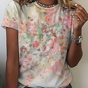 Casual Abstract Floral Print Crew Neck T-Shirt, T-shirts, Lilicloth.com