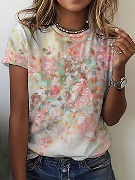 Casual Abstract Floral Print Crew Neck T-Shirt, T-shirts, Lilicloth.com
