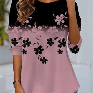 Women's Long Sleeve T-shirt Spring/Fall Black Floral Jersey Crew Neck Daily Going Out Casual Top, Long sleeves, Lilicloth.com