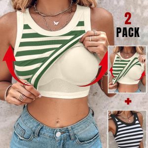 2-Pack Striped Round Neck Built-in Bra Ribbed Tank Top, women Tanks & Crop Tops, ChicMe catalog