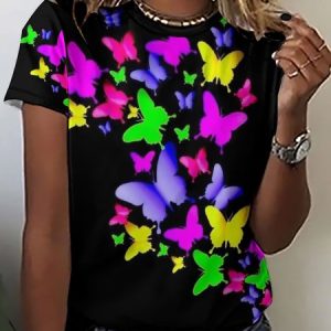 Womens Butterfly Print Crew Neck  T-Shirt, T-shirts, Lilicloth.com