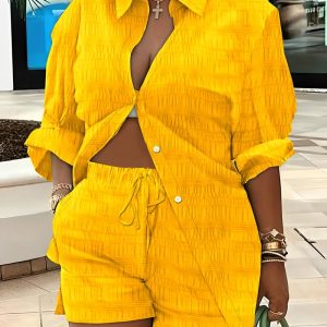 Textured Shirt & Drawstring Shorts Set, women Two-piece Sets, ChicMe catalog