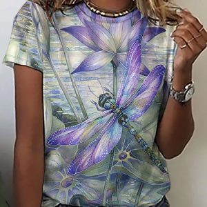 Women Purple Dragonfly Simple Loose Crew Neck T-Shirt, T-shirts, Lilicloth.com