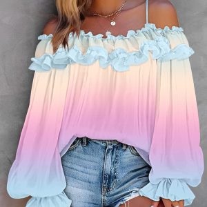 Ombre Cold Shoulder Lantern Sleeve Frill Ruffle Hem Blouse Top, Blouses & Shirts, ChicMe catalog
