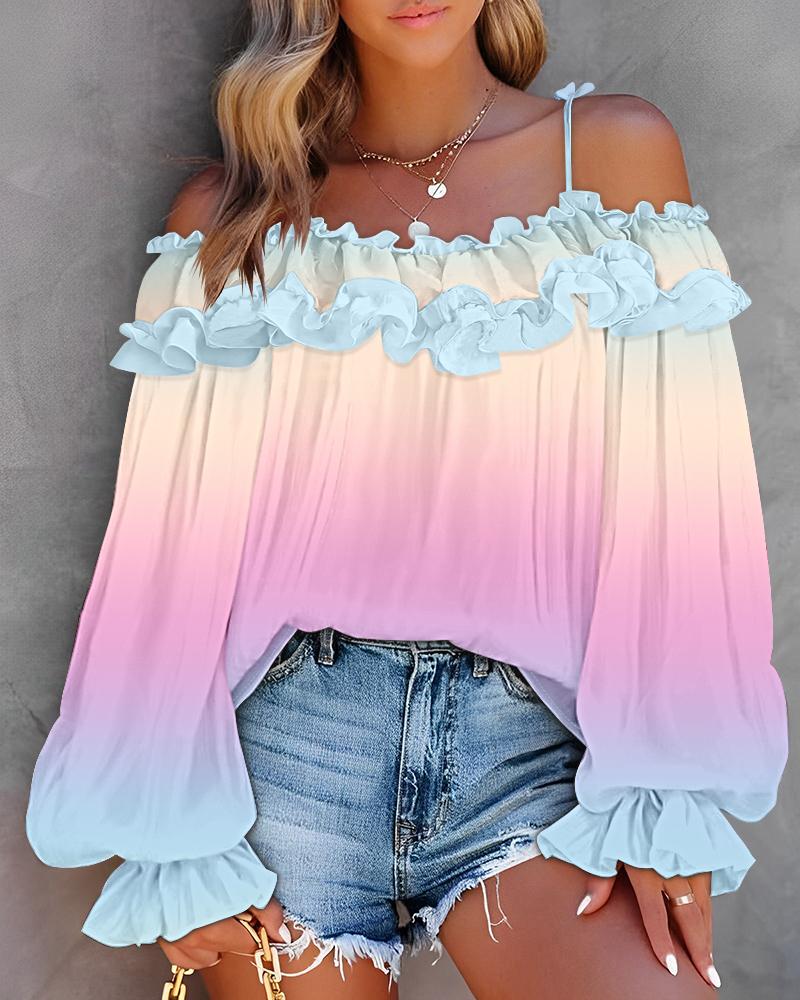 Ombre Cold Shoulder Lantern Sleeve Frill Ruffle Hem Blouse Top, Blouses & Shirts, ChicMe catalog