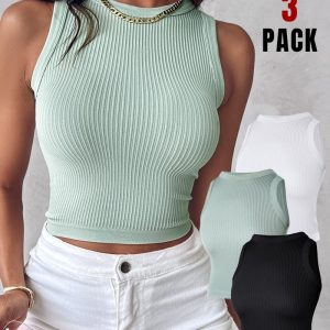 3 Piece Crewneck Racerback Ribbed Tank Tops Summer Basic Sleeveless Slim Fit Rib-knit Crop Tops, women Tanks & Crop Tops, ChicMe catalog