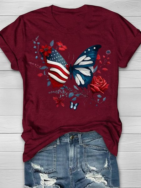 Women's Floral Short Sleeve Tee T-shirt Crew Neck Casual Summer Top, JustFashionNow T-Shirts, color:Wine Red|size:XXL,