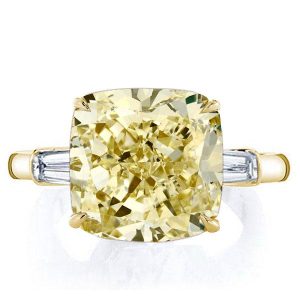 classic engagement rings - Golden Three Stone Cushion Cut Yellow Sapphire Engagement Ring, Italo jewelry - Online Catalog