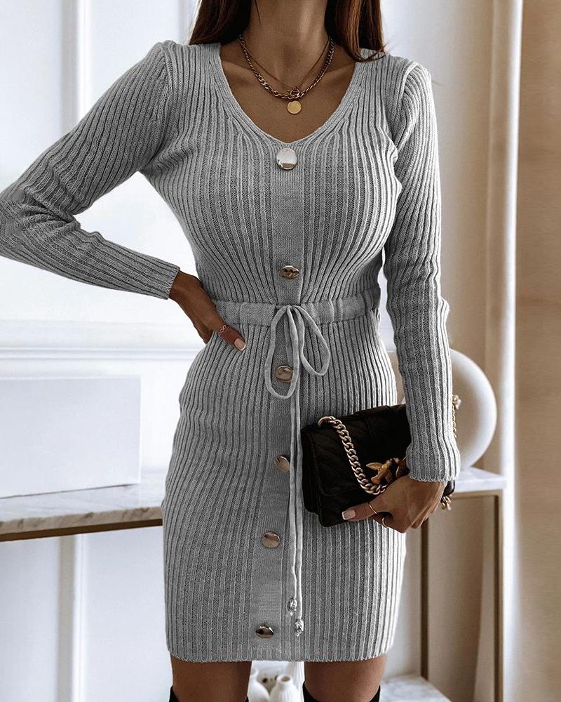 V-Neck Long Sleeve Knit Sweater Dress Button Decor Drawstring Waist Mini Dress, women Long Sleeves Dresses, ChicMe catalog - Image 4