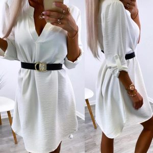 V-Neck Roll Tab Sleeve Shirt Dress Asymmetrical Hem Casual Mini Dress, women Casual Dresses, ChicMe catalog