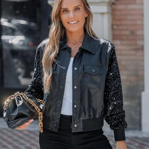 PU Leather Patchwork Contrast Sequin Snap Button Coat, women Jackets & Coats, ChicMe catalog