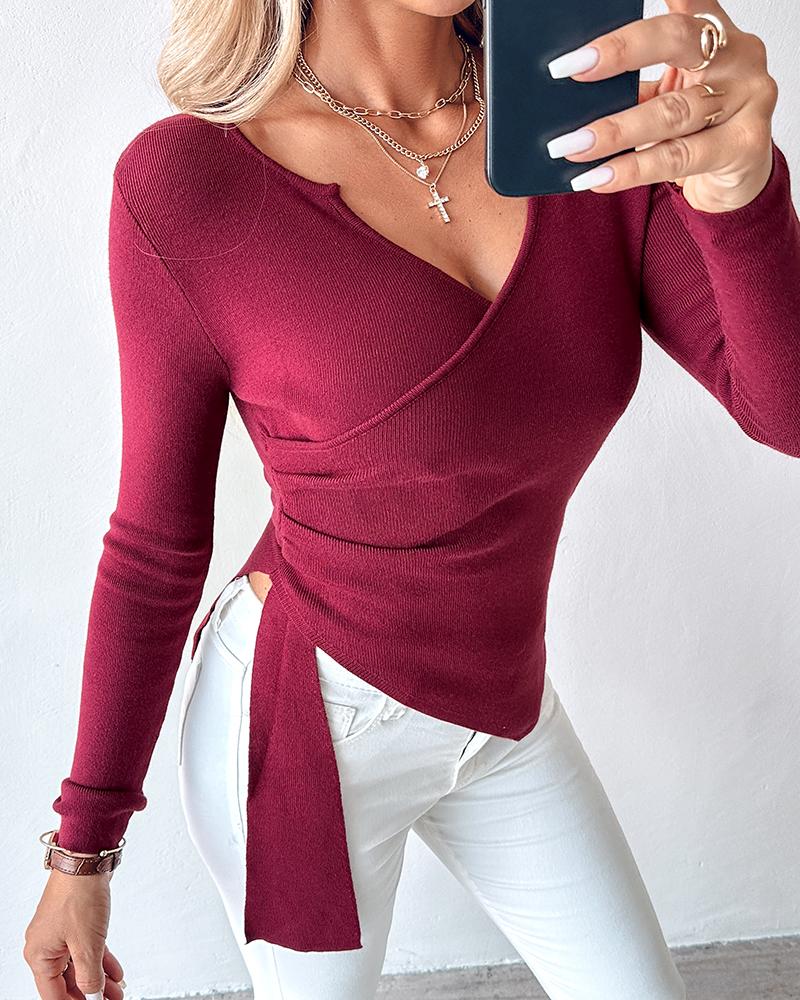 V-Neck Long Sleeve Ruched Asymmetrical Hem Knit Sweater, women Sweaters & Cardigans, ChicMe catalog