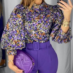 Ditsy Floral Print Lantern Sleeve Top, women Blouses & Shirts, ChicMe catalog