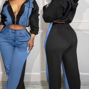 2 Piece Colorblock Zip Up Flap Detail Hoodie High Waist Pants Tracksuits Set, women Two-piece Sets, ChicMe catalog