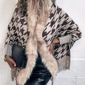 Houndstooth Print Fringe Hem Faux Fur Patch Poncho Knit Cardigan, women Sweaters & Cardigans, ChicMe catalog
