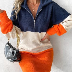 Colorblock Half Zip Up Casual Dress Long Sleeve Loose Fuzzy Mini Dress, women Long Sleeves Dresses, ChicMe catalog
