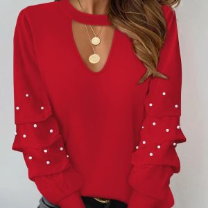Pearls Decor Keyhole Neck Layered Sleeves Pullover Tee Casual Versatile Top, women T-shirt & Tees, ChicMe catalog