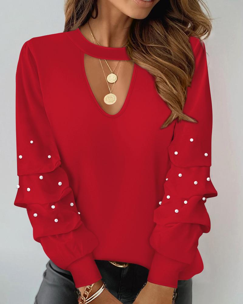 Keyhole Neck Long Sleeve Pullover Top Beaded Hollow Out Blouse Top, women T-shirt & Tees, ChicMe catalog