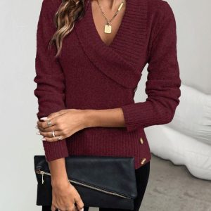 Lapel V-Neck Button Decor Knit Sweater Long Sleeve Pullover Top, women Sweaters & Cardigans, ChicMe catalog