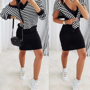 2PCS Striped V-Neck Sweatshirt & Thick Strap Bodycon Dress Set, women Two-piece Sets, ChicMe catalog