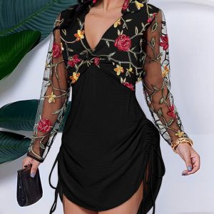 Floral Embroidery Pattern Shirt Dress Mesh Patch V-Neck Side Drawstring Mini Dress, women Shirt Dresses, ChicMe catalog