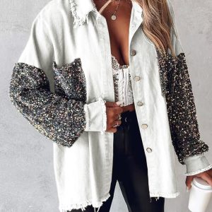 Casual Jacket Sequin Patchwork Long Sleeve Jacket Top Button Front Raw Hem Oversized Denim Shacket, women Jackets & Coats, ChicMe catalog