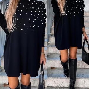 High Neck Pearls Decor Beaded Long Sleeve Dress, women Long Sleeves Dresses, ChicMe catalog