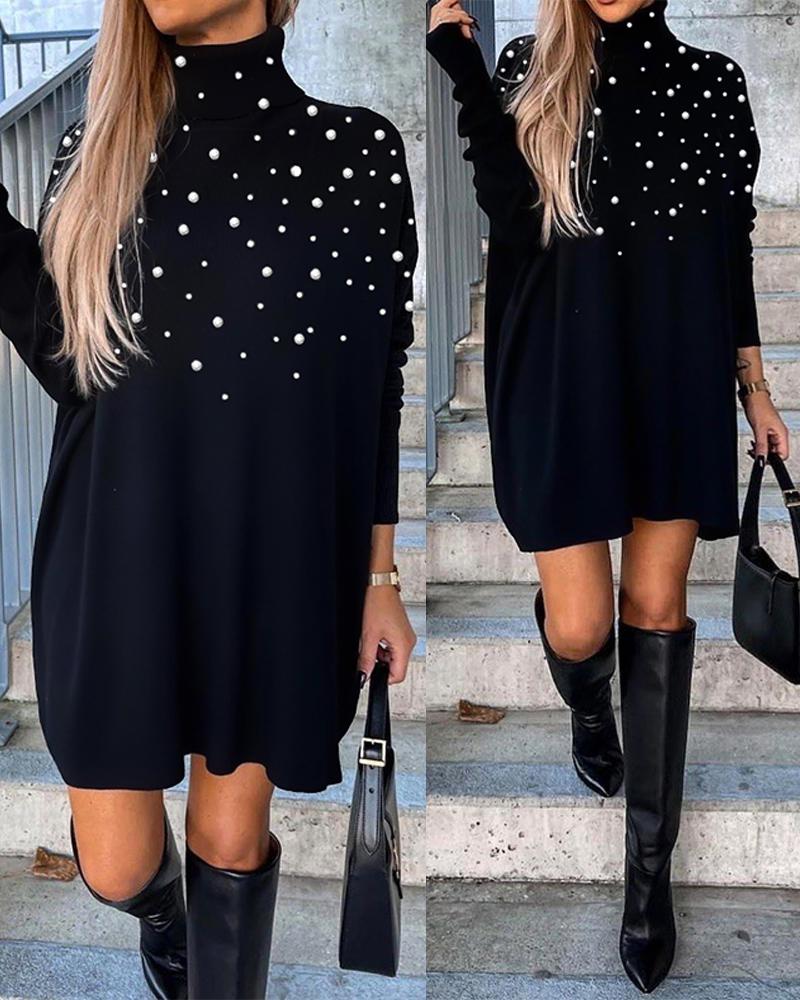 High Neck Pearls Decor Beaded Long Sleeve Dress, women Long Sleeves Dresses, ChicMe catalog