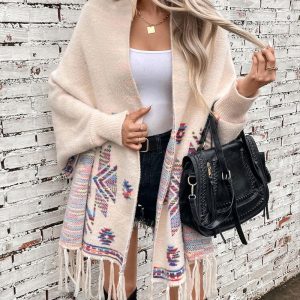 Open Front and Wraps Knit Cape Pop Aztec Geometric Ethnic Style Tassel Design Cardigan, women Sweaters & Cardigans, ChicMe catalog