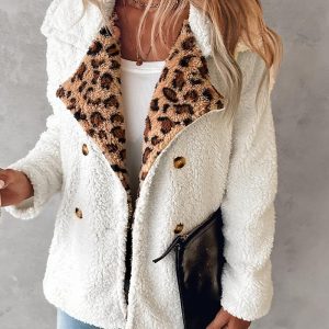 Contrast Leopard Pattern Teddy Coat Double Breasted Fleece Thermal Jacket, women Jackets & Coats, ChicMe catalog