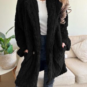 Cable Textured Lapel Neck Button Front Pocket Design Thermal Teddy Coat, women Jackets & Coats, ChicMe catalog
