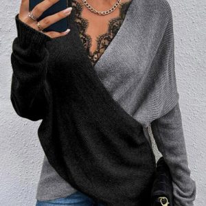 Colorblock V-Neck Long Sleeve Ribbed Top Lace Trim Wrap Pullover Blouse Tee, women T-shirt & Tees, ChicMe catalog