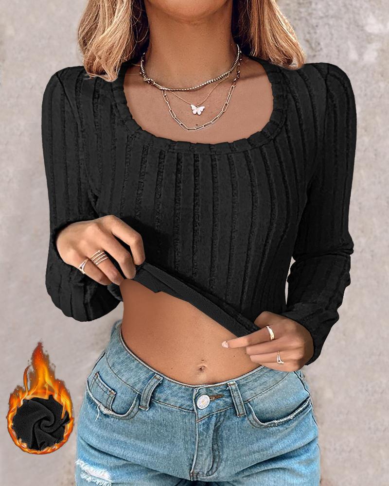 U-Neck Long Sleeve Ribbed Tops Fleece Lined Basic Layering Soft Thermal Tee (No Padding), women T-shirt & Tees, ChicMe catalog - Image 3