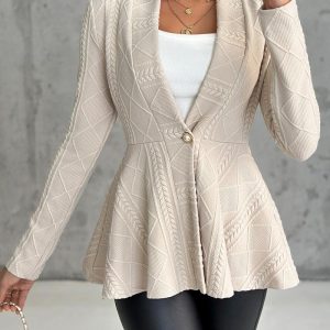 V-Neck Long Sleeve Single Breasted Cable Textured Blazer Casual Waist A-Line Coat, women Jackets & Coats, ChicMe catalog