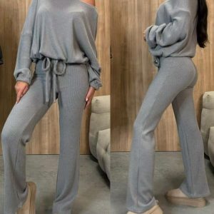 2 Piece Outfits Skew Neck Long Sleeve Pullovers Top Stretchy Waist Flared Pants Set Tracksuit, women Two-piece Sets, ChicMe catalog