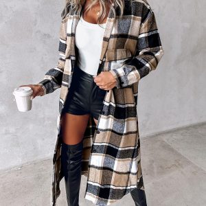 Plaid Print Turn-down Collar Button Front Flap Pockets Design Longline Jacket Casual Asymmetrical Hem Brushed Coat, women Jackets & Coats, ChicMe catalog