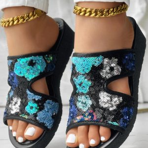 Floral Pattern Contrast Sequin Hollow Out Sandals, women Wedges Shoes, ChicMe catalog