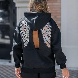 Sequin Wings Pattern Hoodie Kangaroo Pocket Design Backl Slit Sweatshirt Shorts Tracksuit, women Two-piece Sets, ChicMe catalog