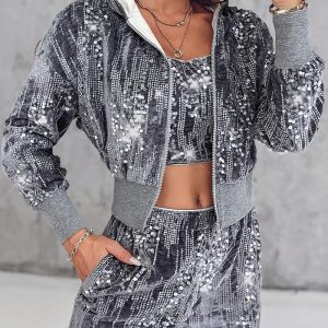 Velvet Sparkly Contrast Sequin Jacket Zip Up Hooded Coat Outwear, women Jackets & Coats, ChicMe catalog
