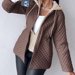 Colorblock Argyle Pattern Hooded Coat Drawstring Waist Zip Up Outwear With Pockets, women Jackets & Coats, ChicMe catalog
