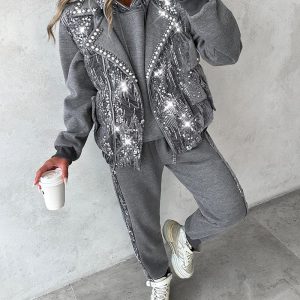 Contrast Sequin Hoodie & Cuffed Pants Set With Beaded Puffer Vest Coat, women Two-piece Sets, ChicMe catalog