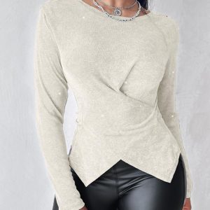 Glitter Round Neck Long Sleeve Crisscross Top, women T-shirt & Tees, ChicMe catalog