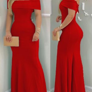 Foldover Off Shoulder Zipper Back Slim Fit Maxi Evening Dress Elegant Mermaid Hem Party Dress, women Maxi Dresses, ChicMe catalog