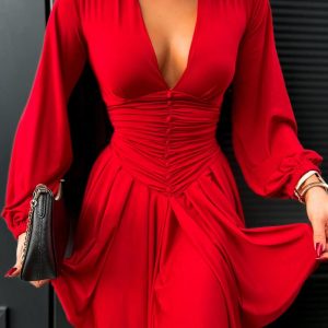 Deep V Neck Lantern Sleeve Ruched Pleated A Line Flowy Dress Single Breasted Decor Cinched Waist Party Dress, women Long Sleeves Dresses, ChicMe catalog